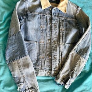 All Saints Light Blue Denim Jacket with Tan Corduroy Collar